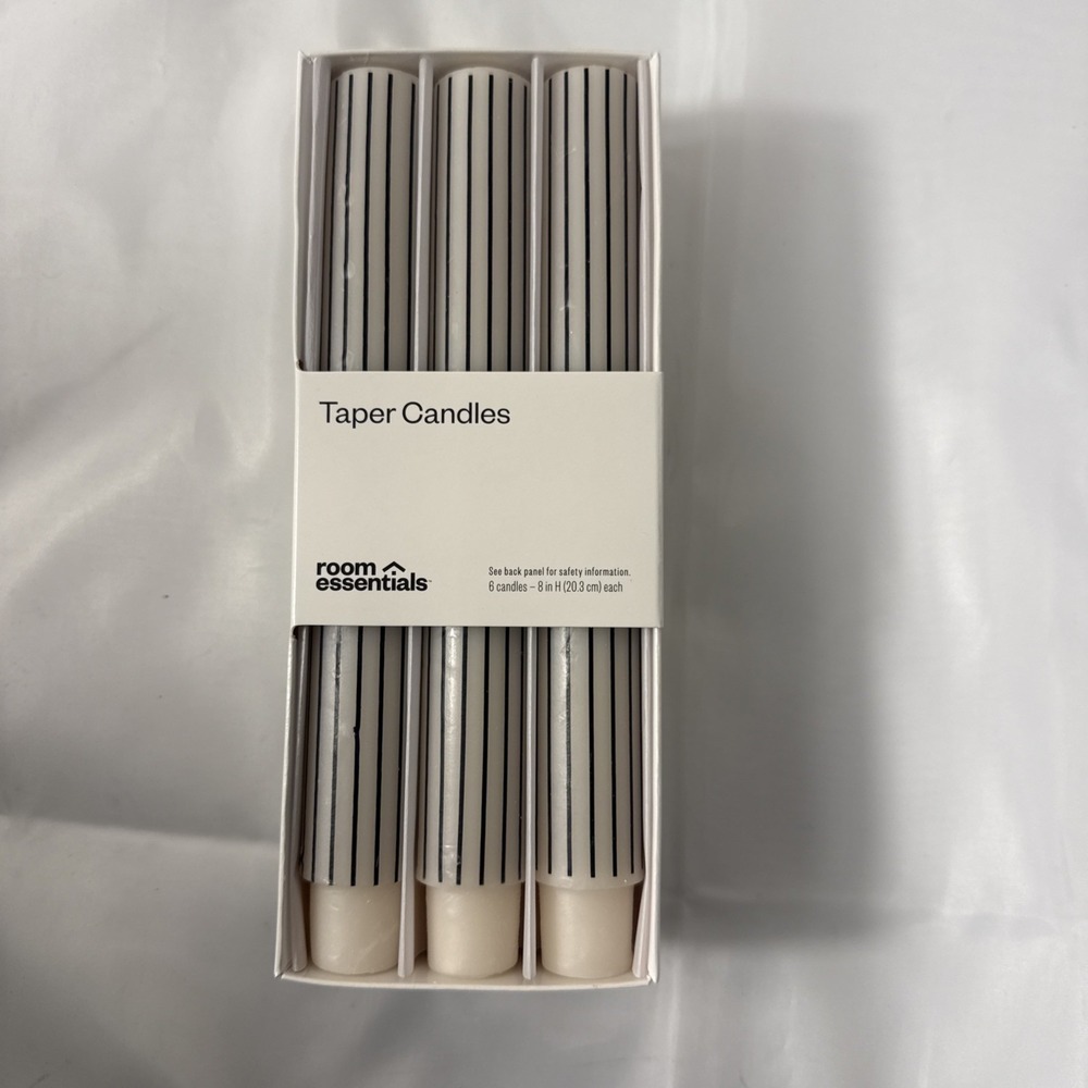 Room Essentials 6 Pk Taper Candle Set Black &‎ White Stripe Unscented 8" High